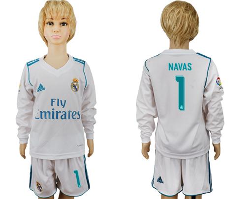 Real Madrid #1 Navas Home Long Sleeves Kid Soccer Club Jersey - Click Image to Close